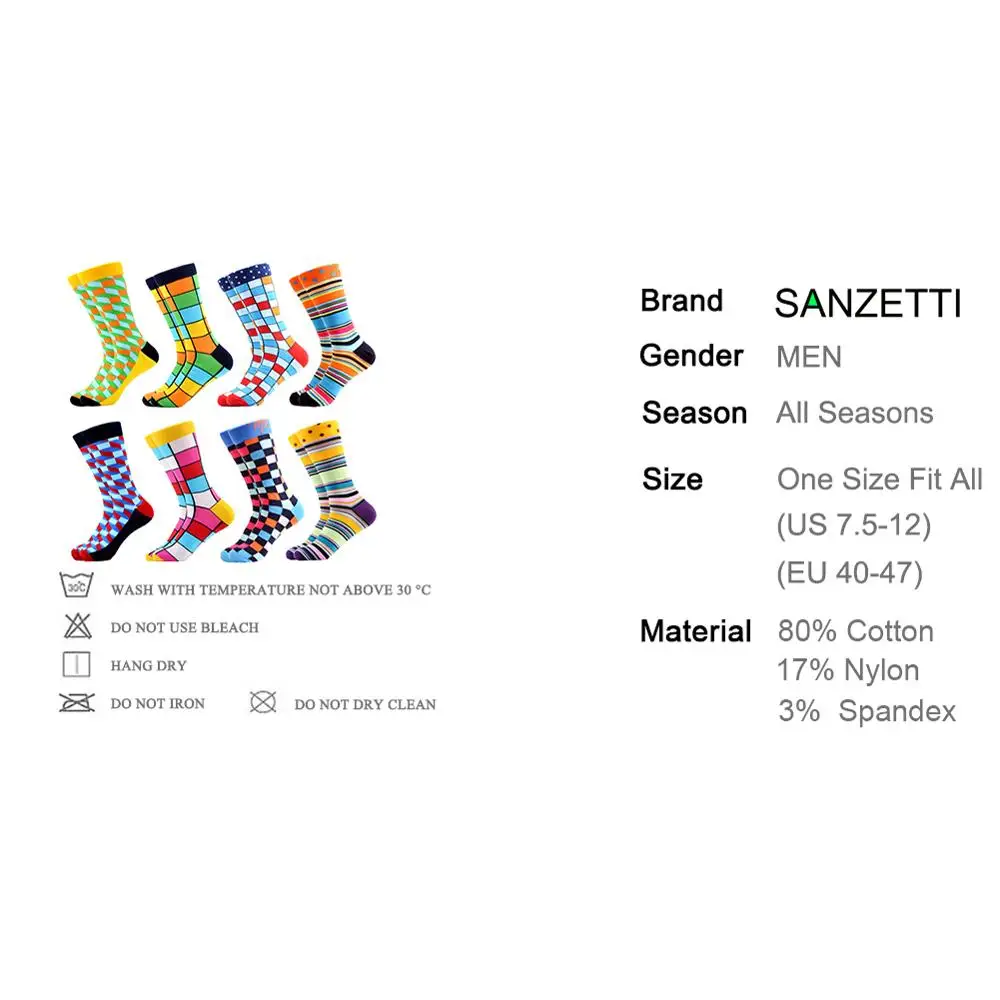 SANZETTI, 8 пар/лот, крутые мужские цветные забавные носки из чесаного хлопка, новинка, повседневные носки, яркие вечерние носки под платье, подарки