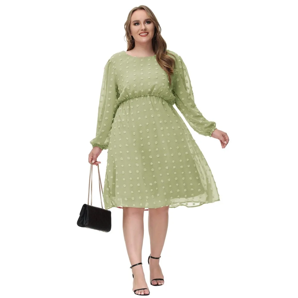 

BP Women Plus Size Swiss Dot Dress Crew Neck Elastic Waist A-Line Dress Ladies Summer Elegant Vestido Simple Dresses Comfortable