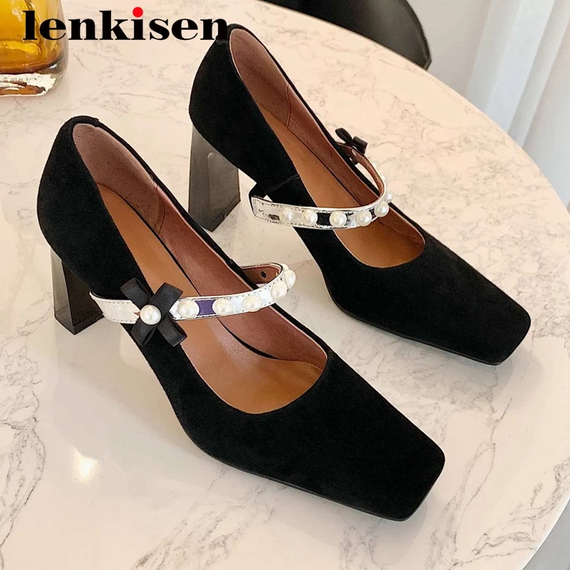 

Lenkisen gladiator sheep suede butterflyknot fairy dance party square toe thick high heel slip on dating maiden women pumps L21