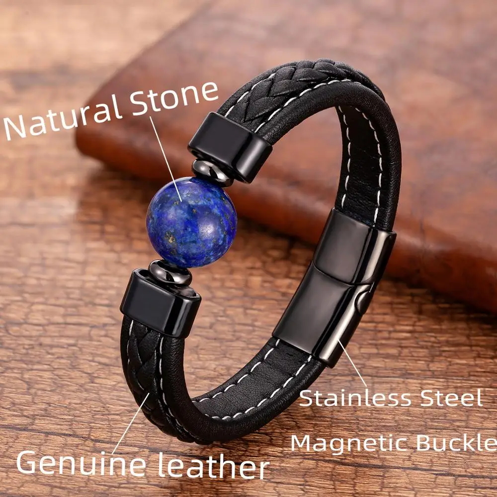 

Trendy Genuine Leather Bracelets Men Stainless Steel Clasp Charm Bracelet For Male 6 Style Natural Tiger Eye Lava Stone Jewelry