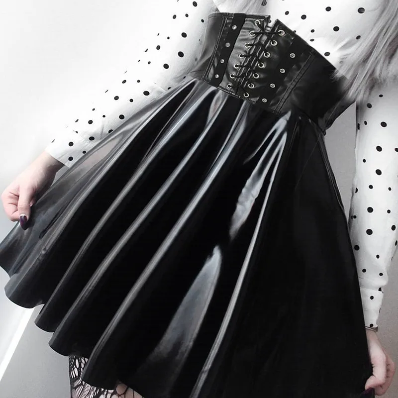 

Goocheer Women's Skirts Gothic Harajuku Bandage Faux Leather Korean Fashion Black Mini Pleated Skirts 2019 Summer Party Pu Saias