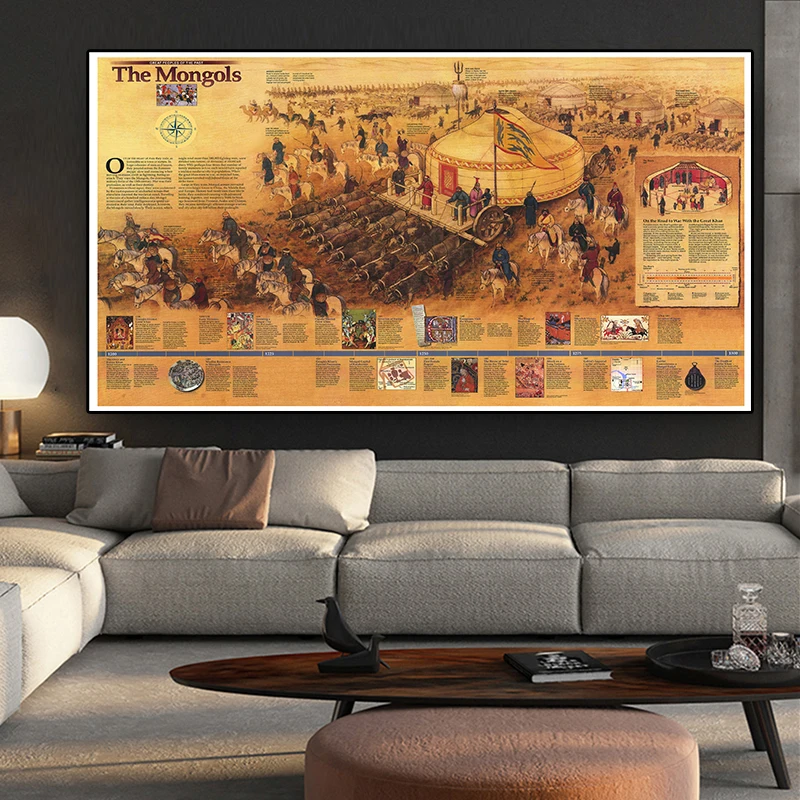 225*150 Cm The Mongols Retro Map Non-woven Canvas Painting Wall Art Poster and Prints Wall Sticker Card Living Room Home Decor
