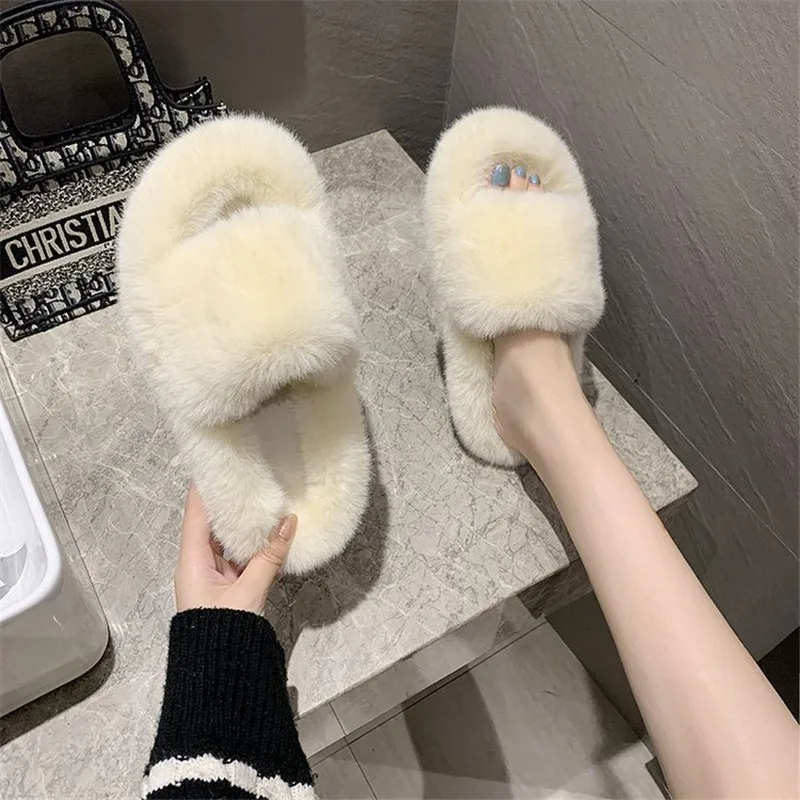 

2020 Fluffy Home Slippers Women Faux Fur Slippers Cozy Furry Slides Open Toe Slip on Soft Slippers House Floor Plush Warm Shoes