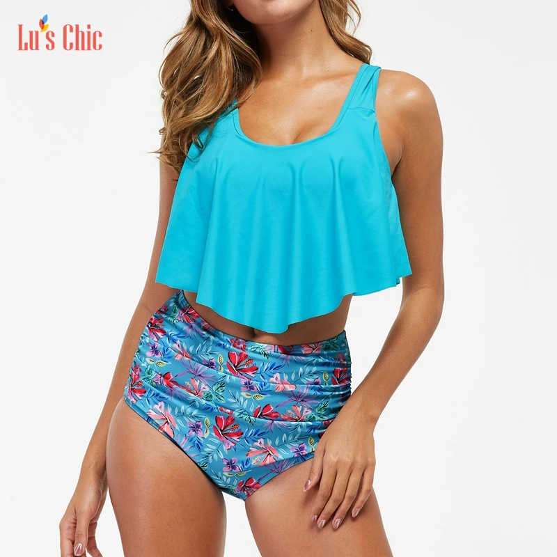 

Lu's Chic Two pieces Swimsuit 2021 Summer High Waist Bathing Suit Falbala Swimwear Ruffle Ruched Tropical Slimming Women