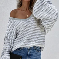 womens temperament plus size sweater striped v neck knitted pullover stitching acrylic long sleeved sweaters female 2021 new
