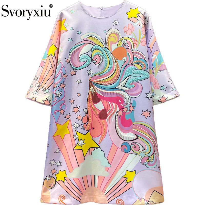 

Svoryxiu Runway Fashion Autumn Loose Short Dress Women's Half Sleeve Crystal Beaded Colorful Print Vintage Party Dresses
