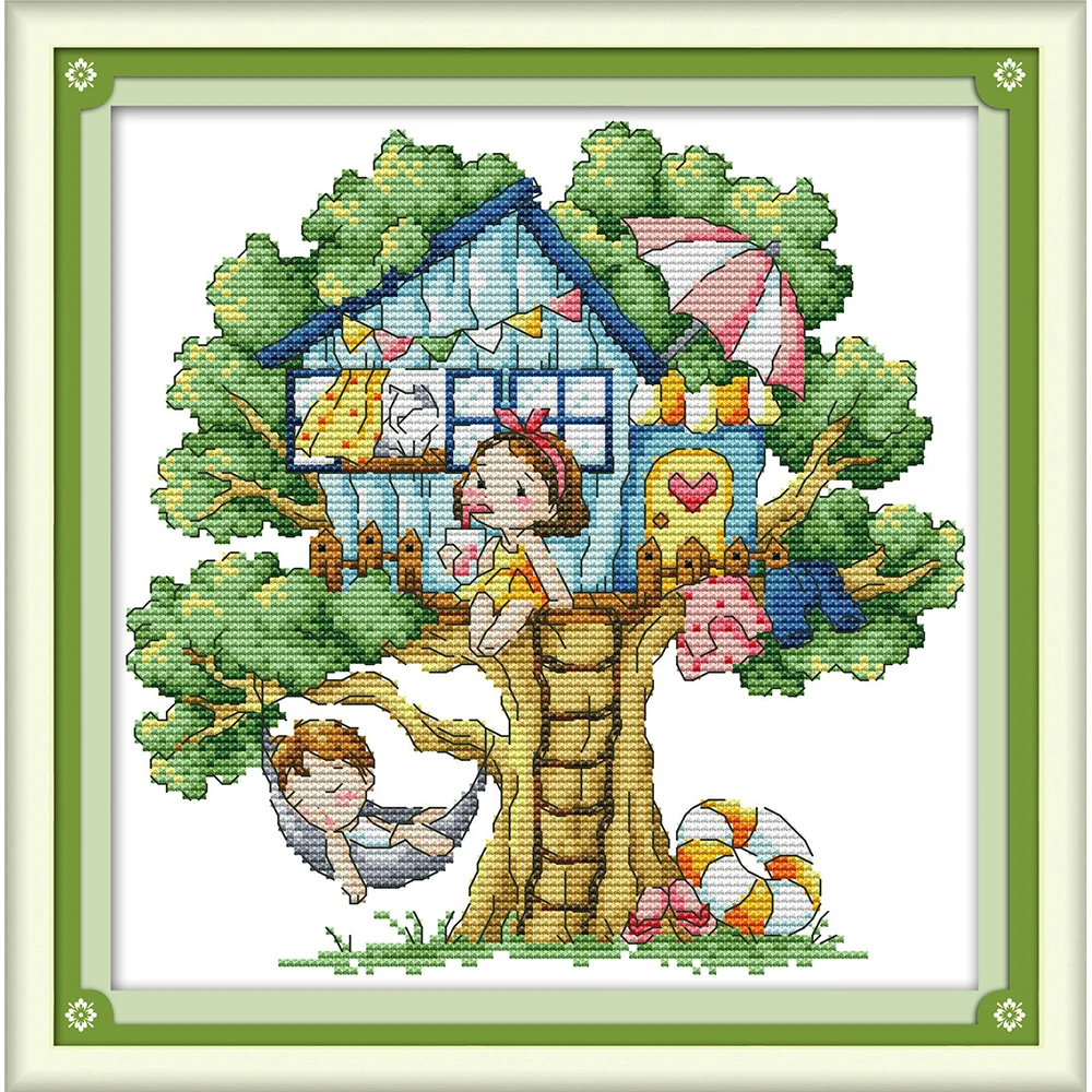 

Joy Sunday Summer Tree House Chinese Cross Stitch Kits Ecological Cotton Clear Stamped Printed 14CT 11CT DIY Wedding Decoration