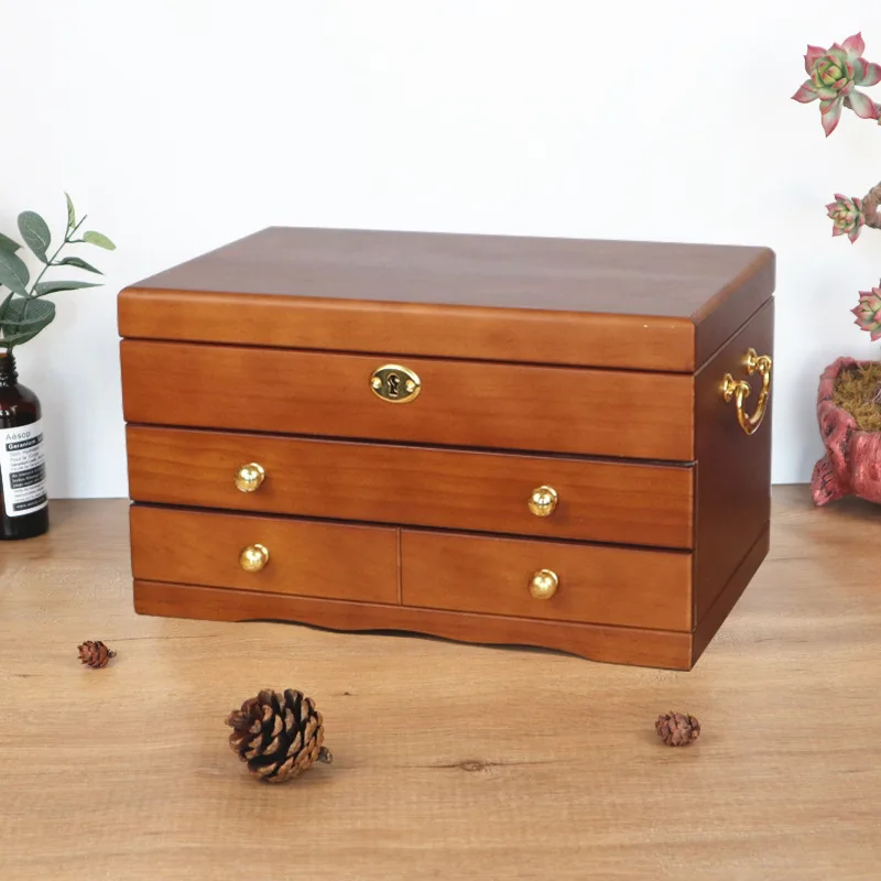 2021 New 3-Layer Wooden Jewelry Box With Lock Retro Flannel Jewelry Earrings Necklace Bracelet Storage Box