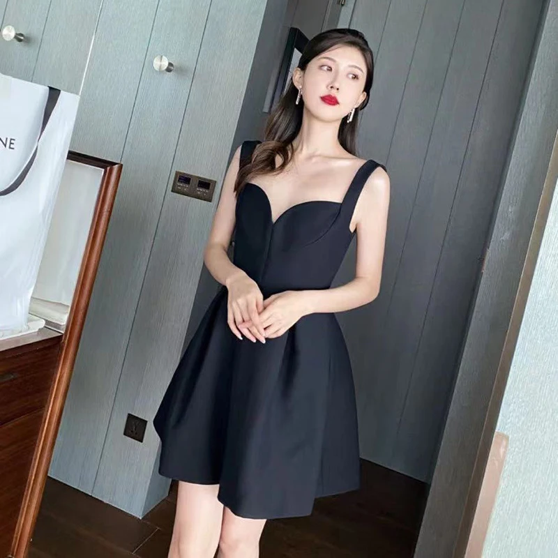 

Sexy Little Black Dresses Women 2021 Autumn New Top Quality Sweetheart Neck Sleeveless Silk Wool Sundress