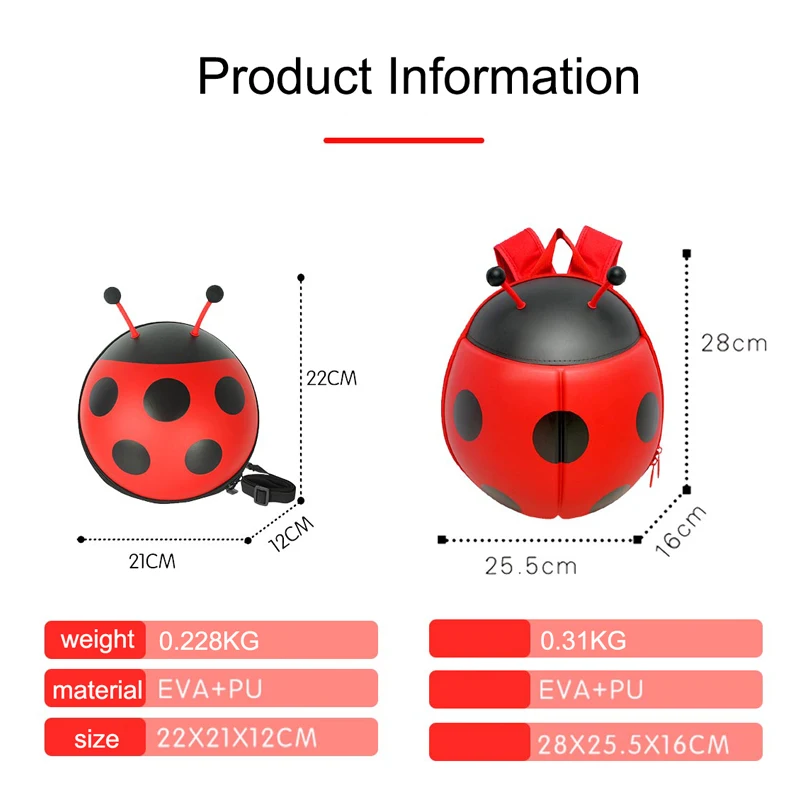 Cute Ladybird Kids Toddler Backpack with Safety Leash 3D Cartoon Ladybug Children School Bags Anti-lost for Boys Girls |