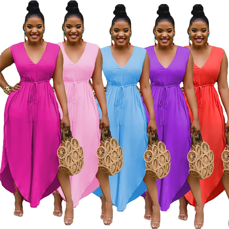 

Женский пляжный комбинезон без рукавов, однотонный Свободный Повседневный комбинезон с V-образным вырезом и широкими штанинами на завязках, лето 2021