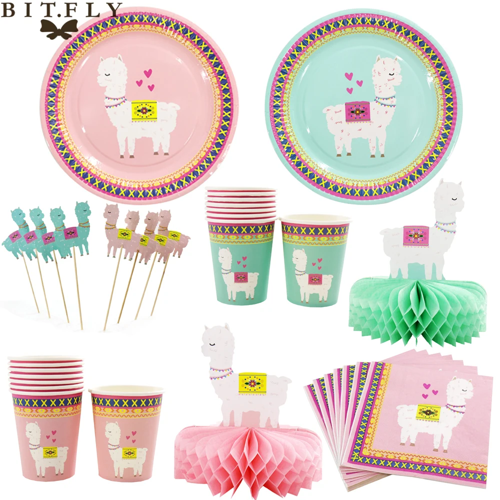 

Cartoon Llama Alpaca Tableware Set Paper Disposable Plates Cups Napkins Straws For Baby Shower Birthday Wedding Party Supply