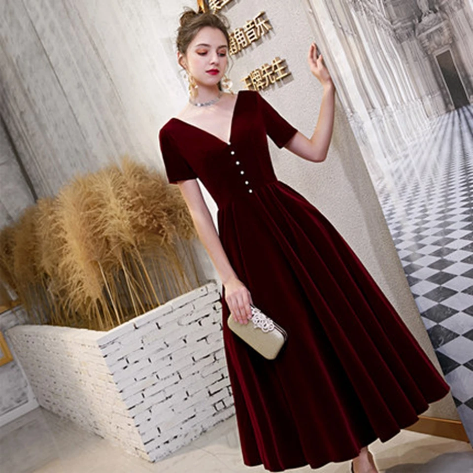 Бордовые вечерние платья 2021 велюровые женские с коротким рукавом для выпускного