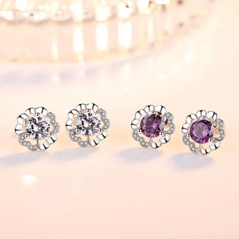 

The New Fashion Plum Blossom Blossoming White Purple Color Crystal Zircon Ear Stud Temperament Charm Womne Jewelry Lover's Gift