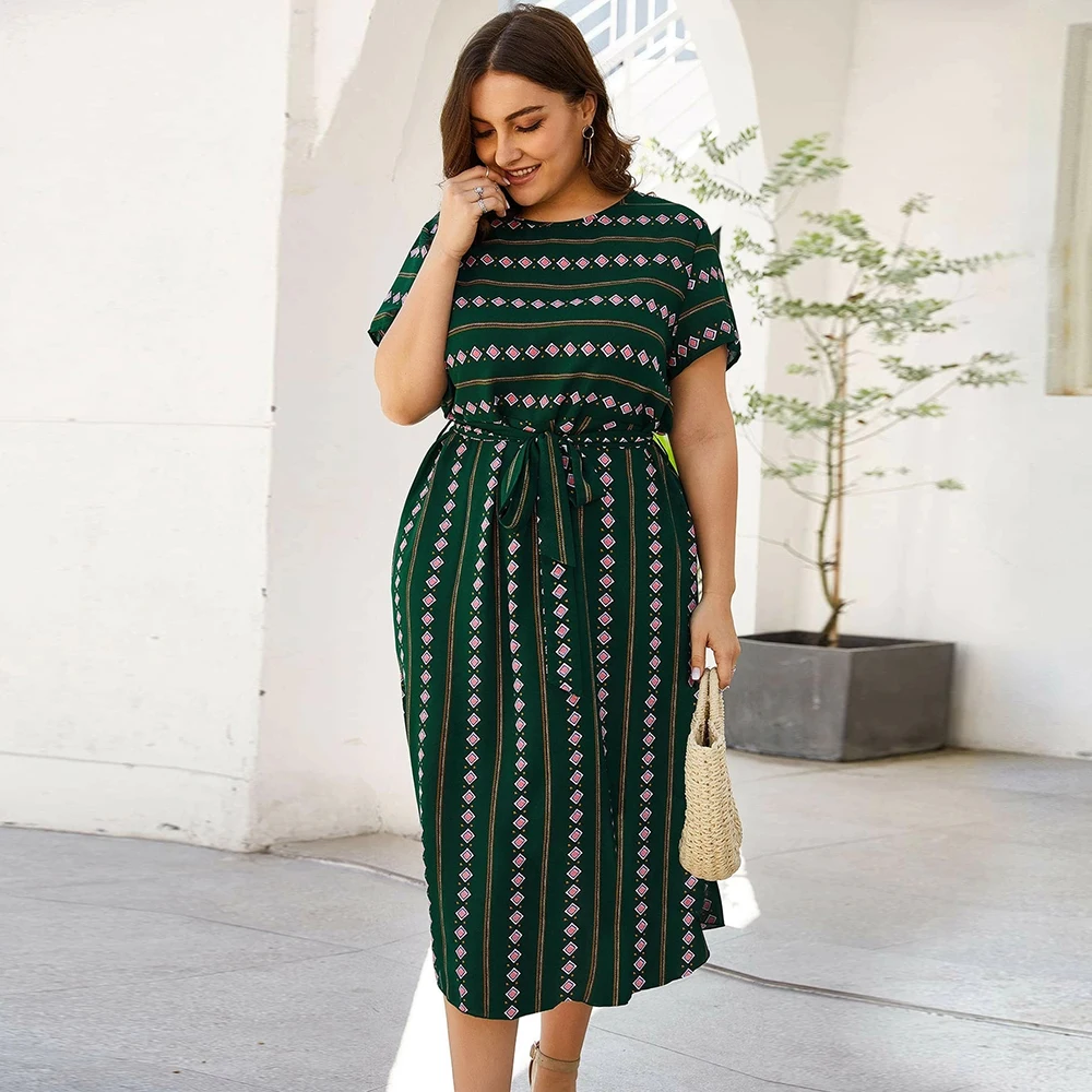 Женские платья с круглым вырезом коротким рукавом и геометрическим принтом