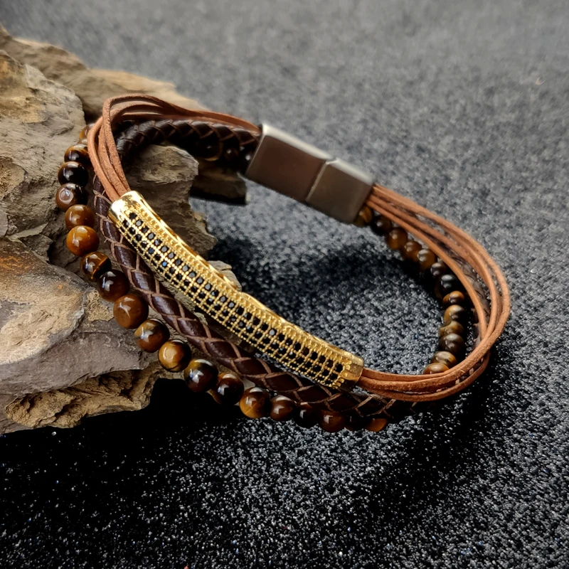 

2020 Fashion Punk Men Stainless Steel Leather Bracelet For women Charm Zircon Men Multi-layer Magnetic Clasp Gift Accessories