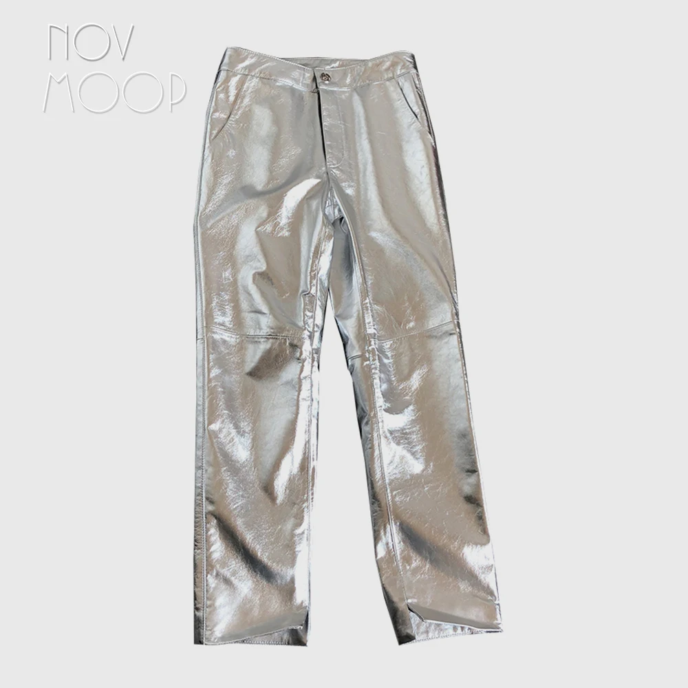 Зимние прямые черные серебряные блестящие женские брюки из натуральной кожи с