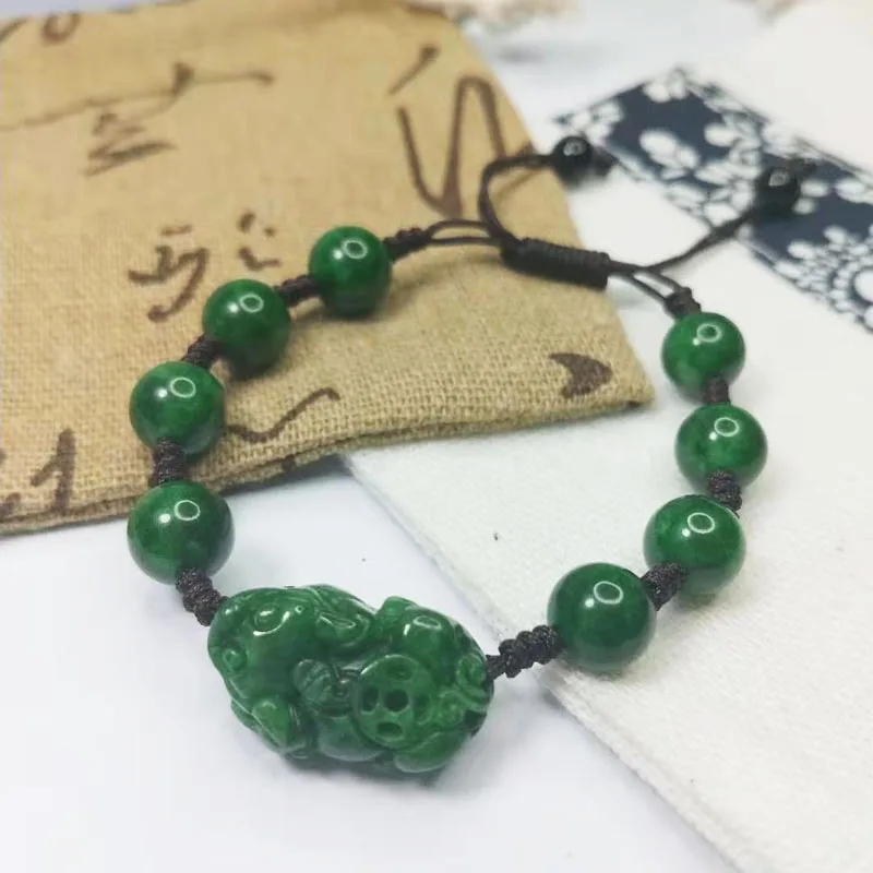 

Natural Gan Qing Jade Pixiu Bracelet with 8mm Round Beads and Lucky Brave Troops Charms Jewelry for Women & Men