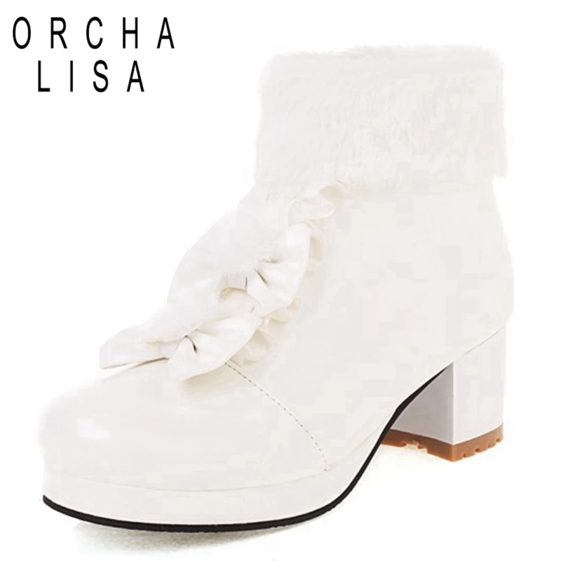 

ORCHALISA Autumn Winter Fur Ankle Short Boots Round toe Chunky Heels Zip Flower Lolita Ladylike Small Big Size 30-43 Pink S2471