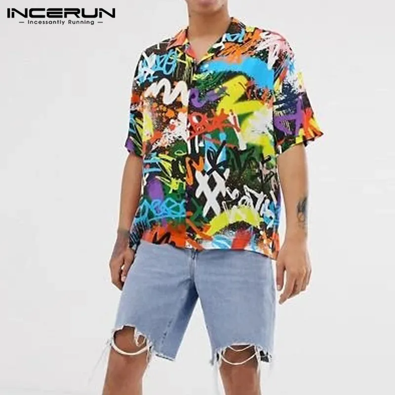 

INCERUN Summer Men Printed Shirt Short Sleeve Loose Vacation Turn-down Collar Streetwear 2021 Mens Hawaiian Shirts Brand Camisa