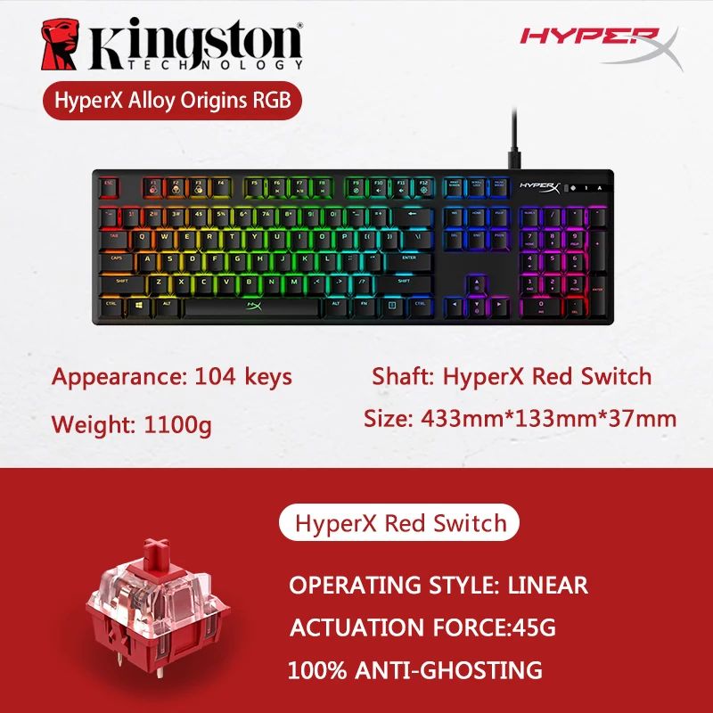 Kingston HyperX Alloy Origins механическая клавиатура Аква переключатель красный синяя ось RGB