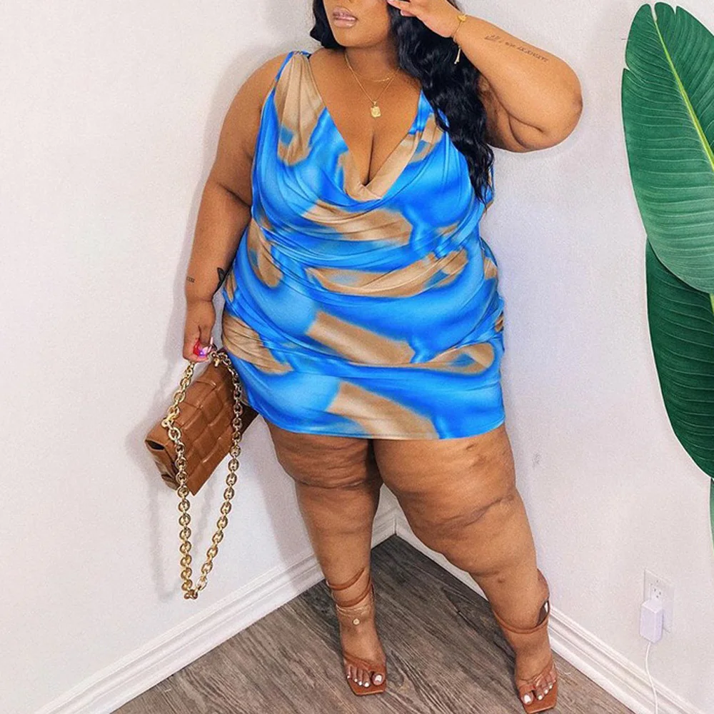 

Oversized Dresses For Women 4XL 5XL Spaghetti Strap Blue Printed Bodycon Mini Length Sexy Evening Night Club Clothes Dress 2022