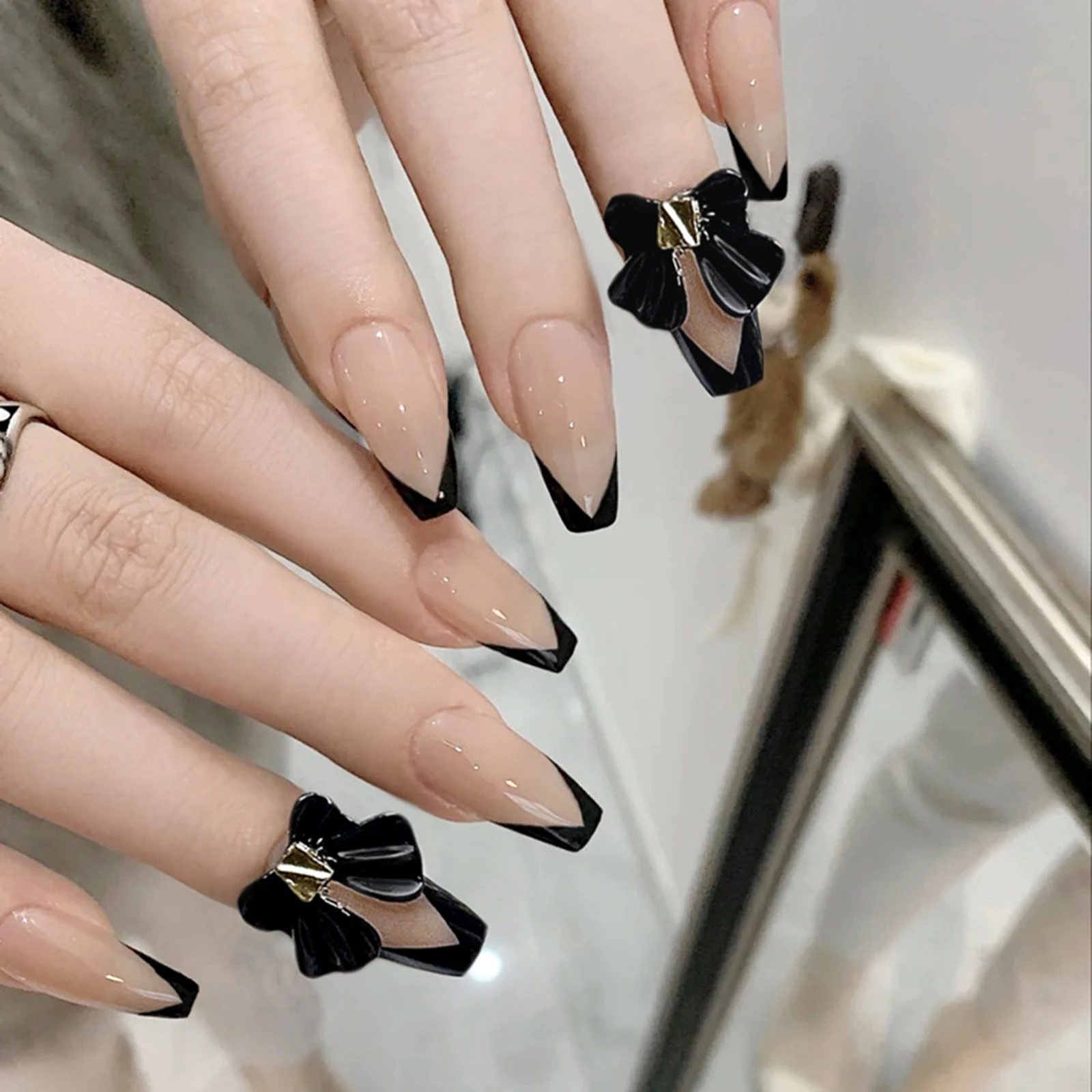 

Nail Art 24pcs Jelly Long Nail Piece With Bow Decor Adhesive Manicure Patch False Nails Save Time Nail Patch Nails Accesorios