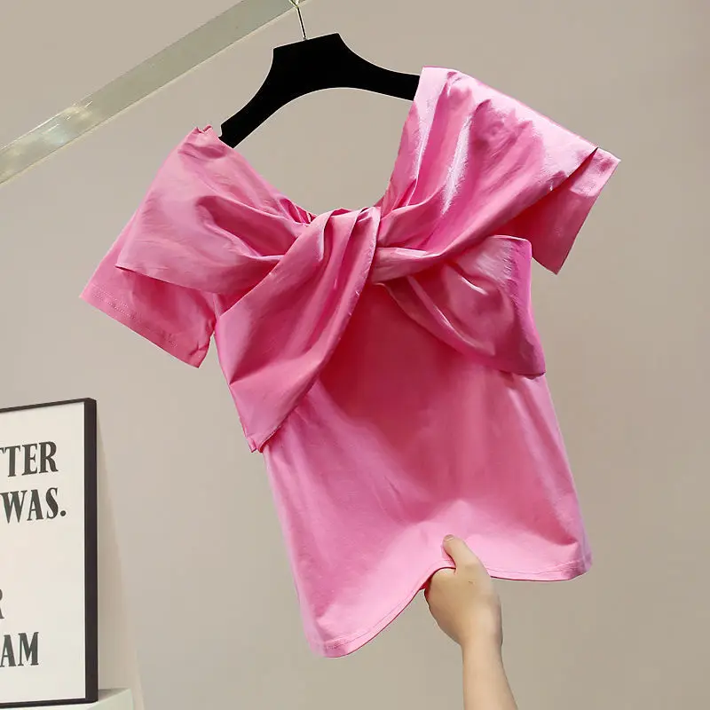 

MOYISU Summer New Ladies Tops Korean Style of The Short-sleeved with Cross-knot and Bow-knot Decoration White Fashion T-shirt