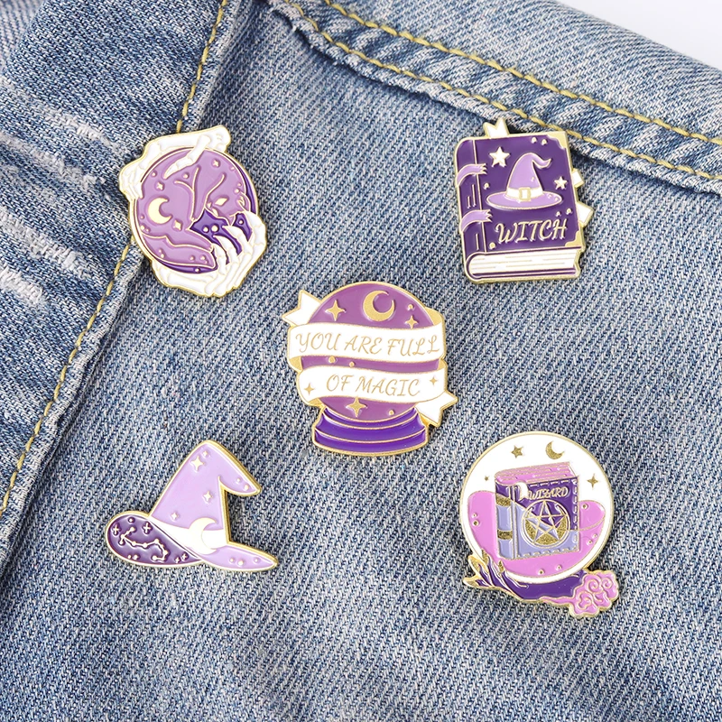 

5pcs/set Witchcraft Enamel Pins Custom Wholesale Purple Wizard Hat Book Ball Cat Brooch Lapel Badge Bag Gothic Jewelry Gift