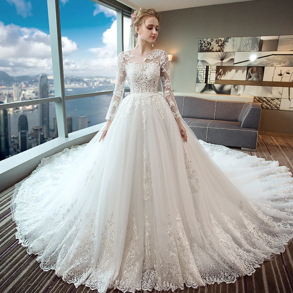 

Luxurious Vestido De Noiva Muslim Wedding Dresses A-Line Long Sleeves Tulle Applique Vintage Dubai Arabic Wedding Gown Bridal