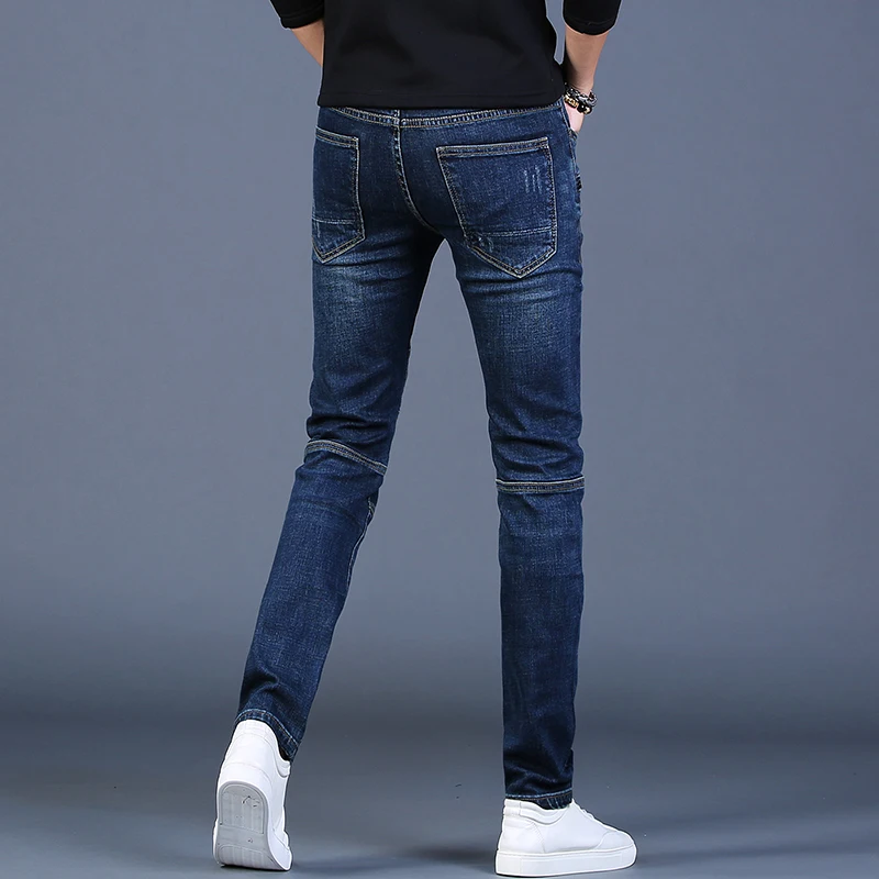 Autumn New Men Blue Patchwork Jeans Fashion Motorcycle Pants Slim Fit Straight Denim Trousers