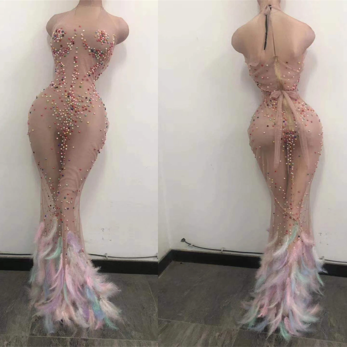 

Multicolor Feather Dresses Rhinestones Pearl Printing Decoration Sleeveless Performance Party Dress Women Nightclub Outfit