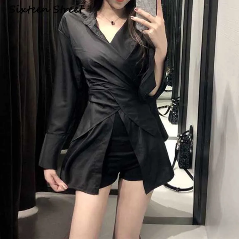 

Шорты женские с эластичным поясом, хлопковая однотонная приталенная рубашка с V-образным вырезом в Корейском стиле, винтажная уличная одежд...