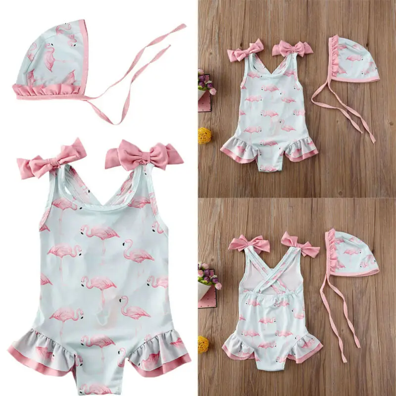 2020 hirigin Kids Baby Girls Bikini Set Flamingo Swimwear Bow Strap Swimsuit with Hat 2Pcs Children Girl Beachwear Bathing Suit | Спорт и
