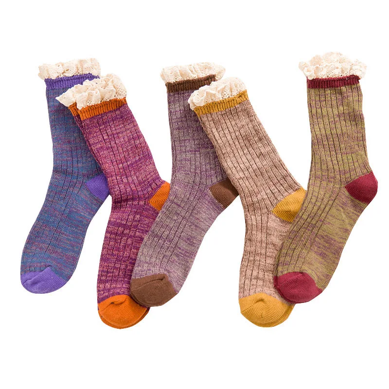 Женские кружевные носки с ворсом женские толстые вязаные ретро зимние плотные