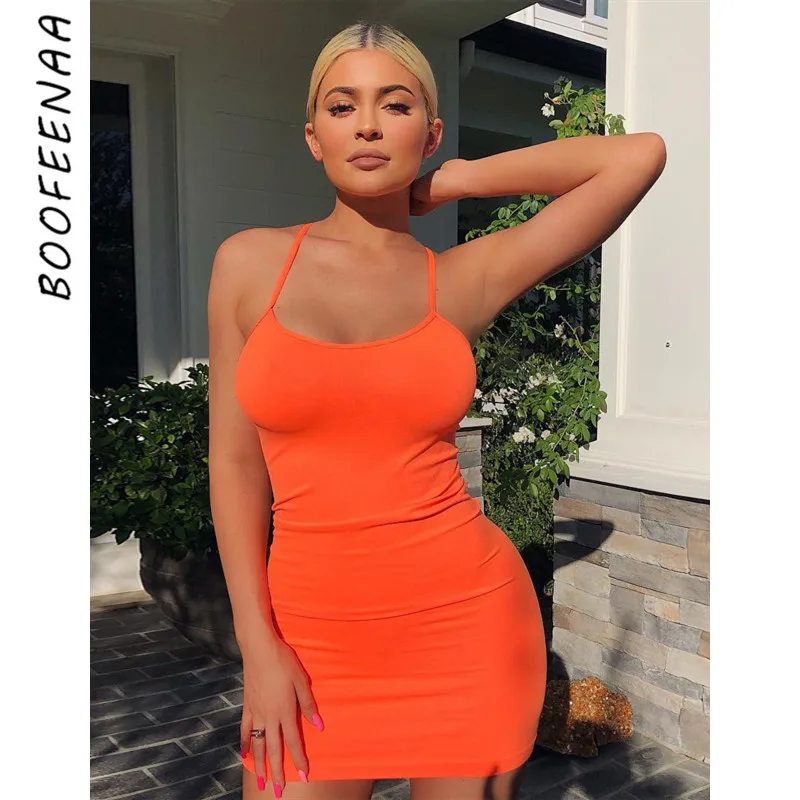 BOOFEENAA неоновое оранжевое зеленое мини облегающее платье для женщин Kyliejenner