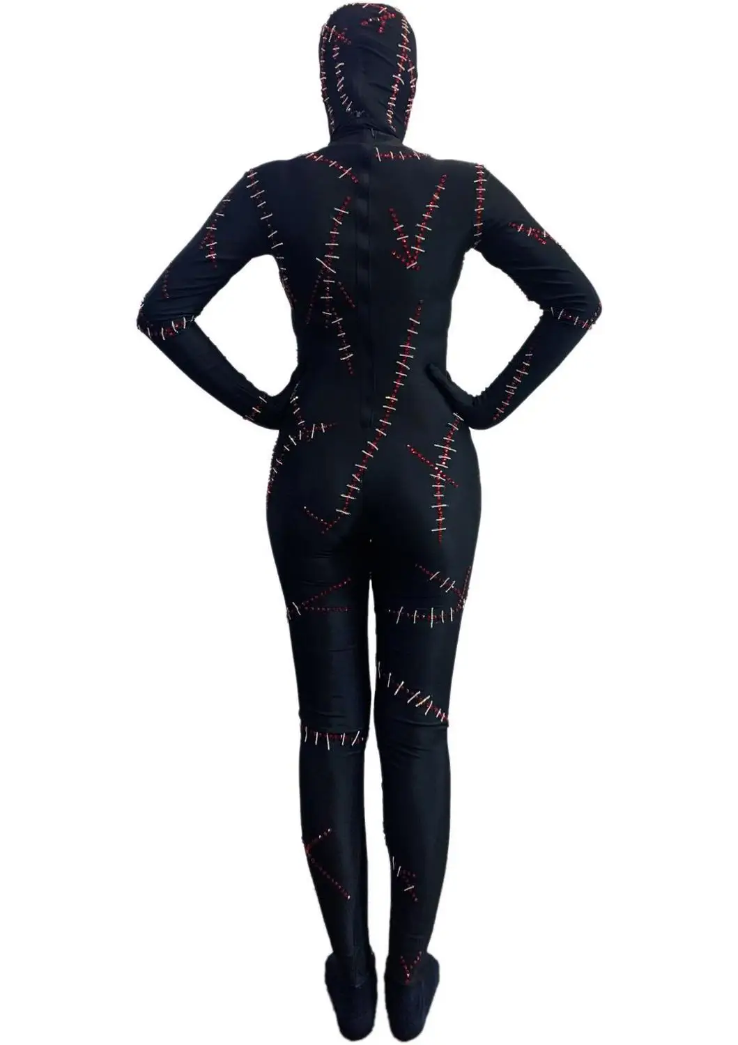 

Halloween Party Horror Cosplay Costume Terror Black Jumpsuit With Rhinestones Headgear Outfit Nightclub Singer Dancer Stage Wear