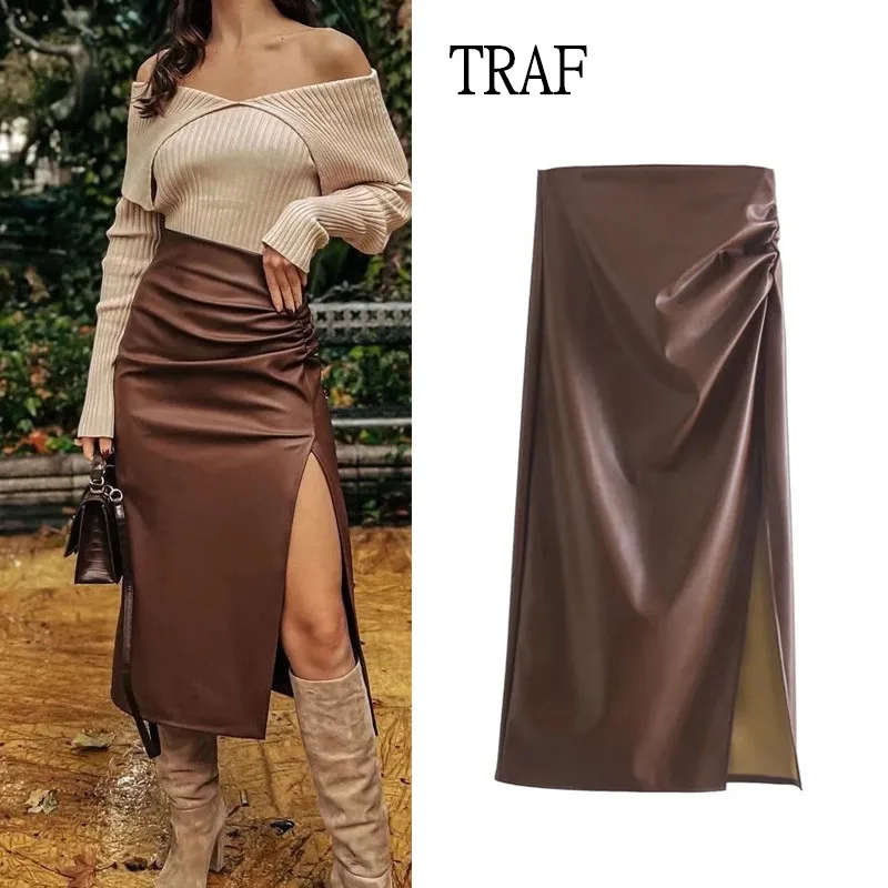 

Юбка-миди трапециевидная из экокожи с высокой талией и оборками