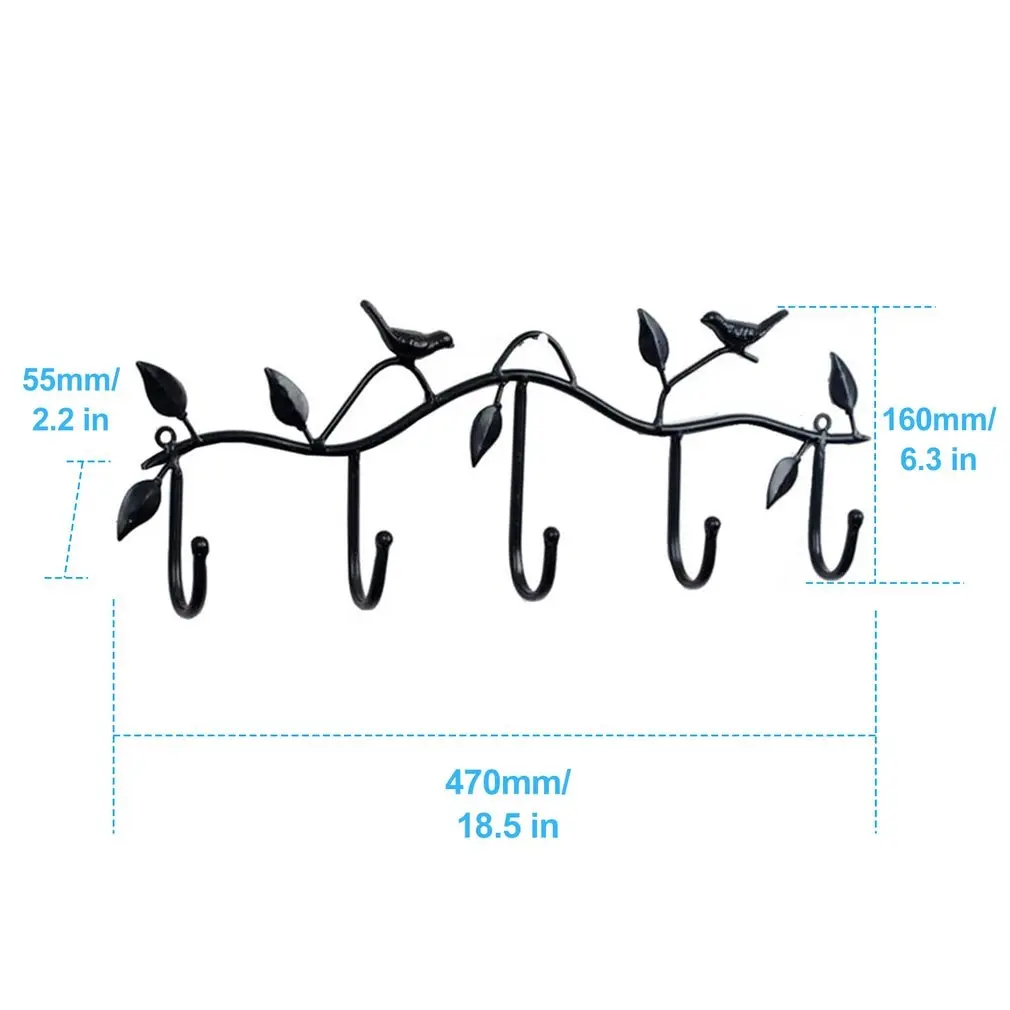 

Retro 5 Hook Wrought Iron Bird Hook Hook Bird Shape Leaf Wall Dress Robe Hook Key Coat Holder Cap Hanger