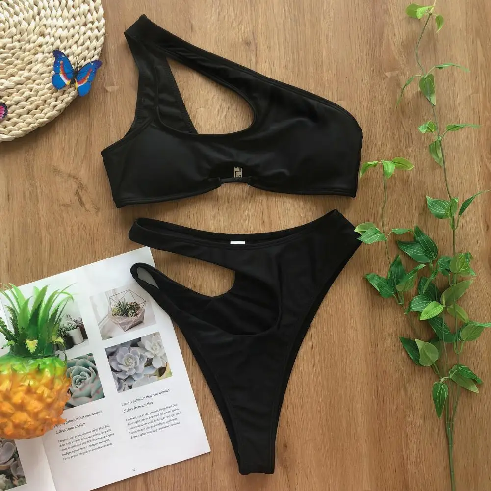 

Women Solid Color Bikini Set Padded One Shoulder Bra Hollow out Briefs Swimsuit