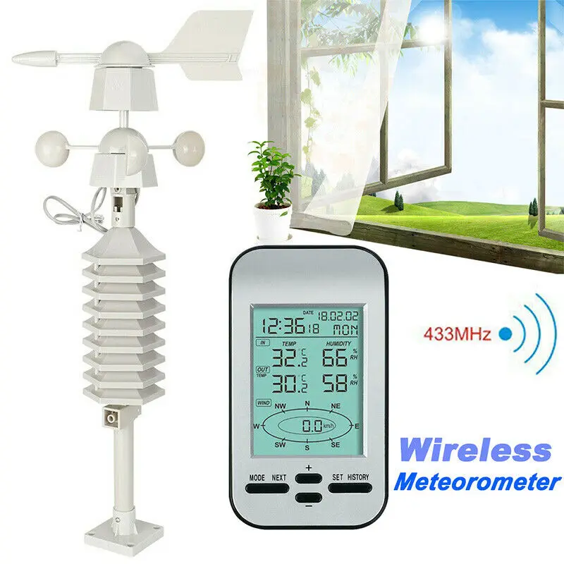 

Беспроводная метеостанция с часами, 433 МГц, с датчиком скорости ветра и направления, профессиональный Анемометр RF, измеритель температуры и ...