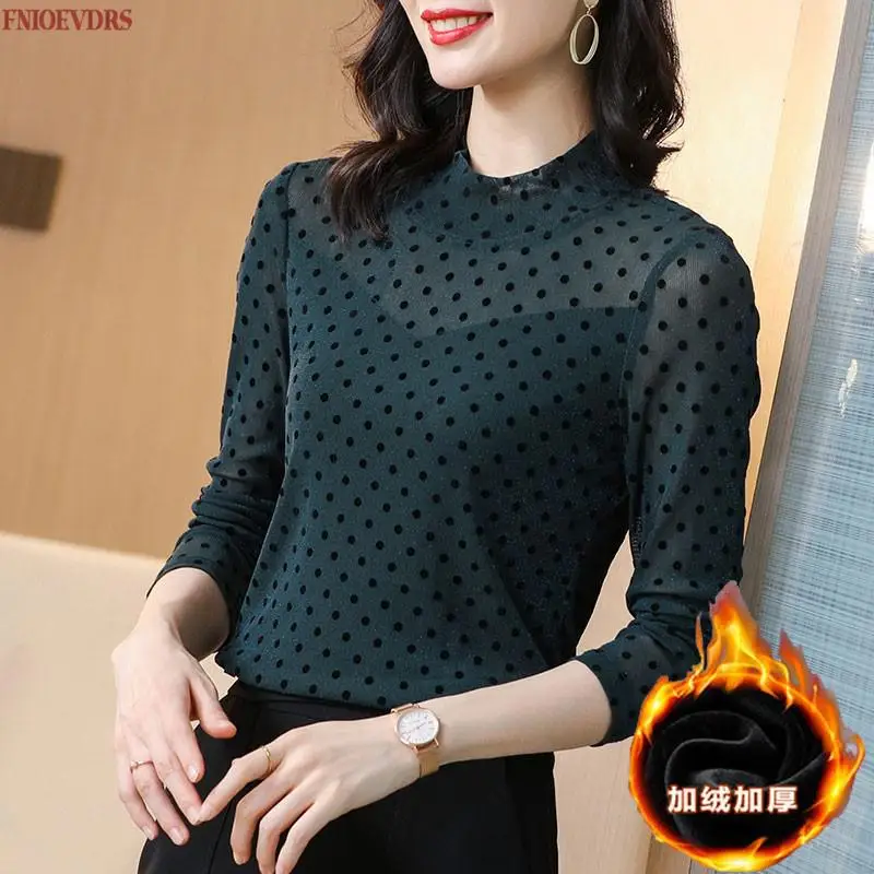 

Women 2021 Spring Winter Basic Shirts Slim Fitted Elegant Office Lady Polka Dot Warm Velvet Velour Turtleneck Tops Blouse 3273