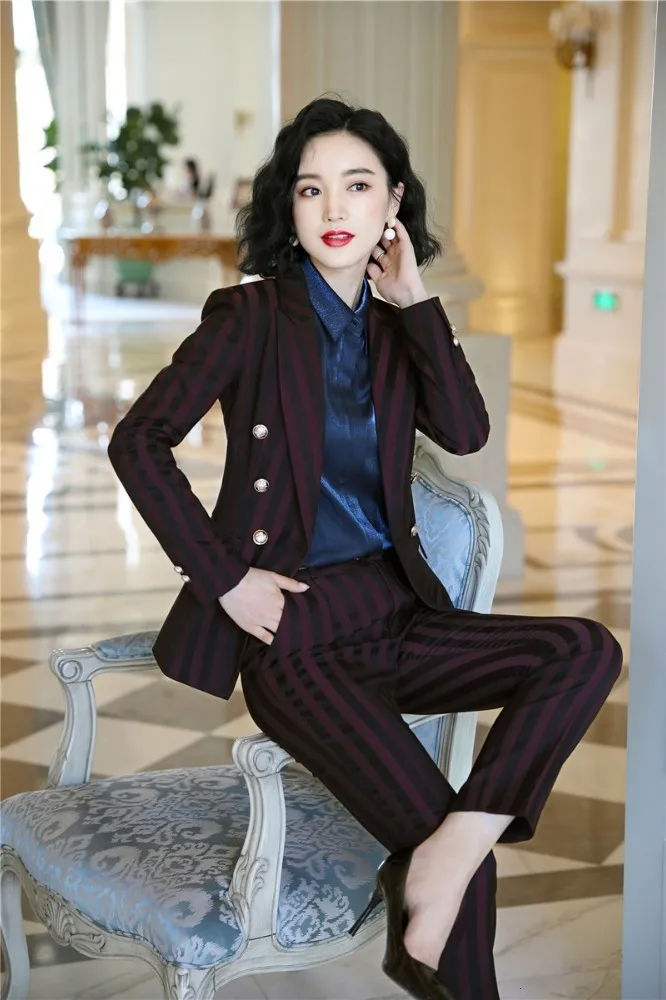High Quality Fabric Novelty Wine Striped Women Business Suits with Pants and Blazer Coat Autumn Winter Professional Pantsuits