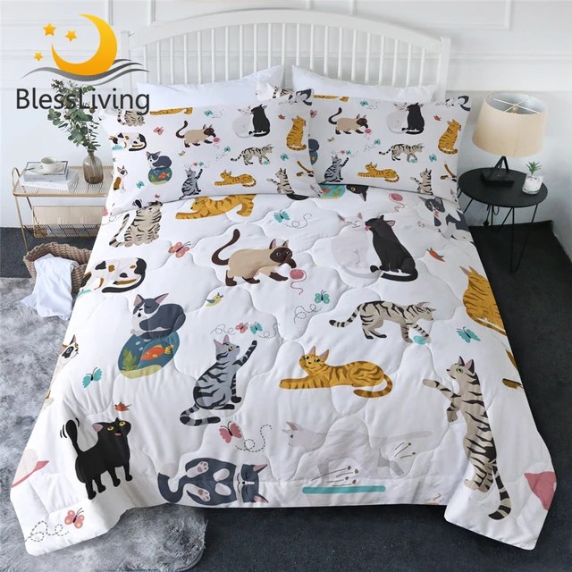 BlessLiving Cat Quilt Sets Cute Animals Summer Comforter 3pcs Cartoon Bedding Decorative Colcha Verano Queen King Home Decor 1