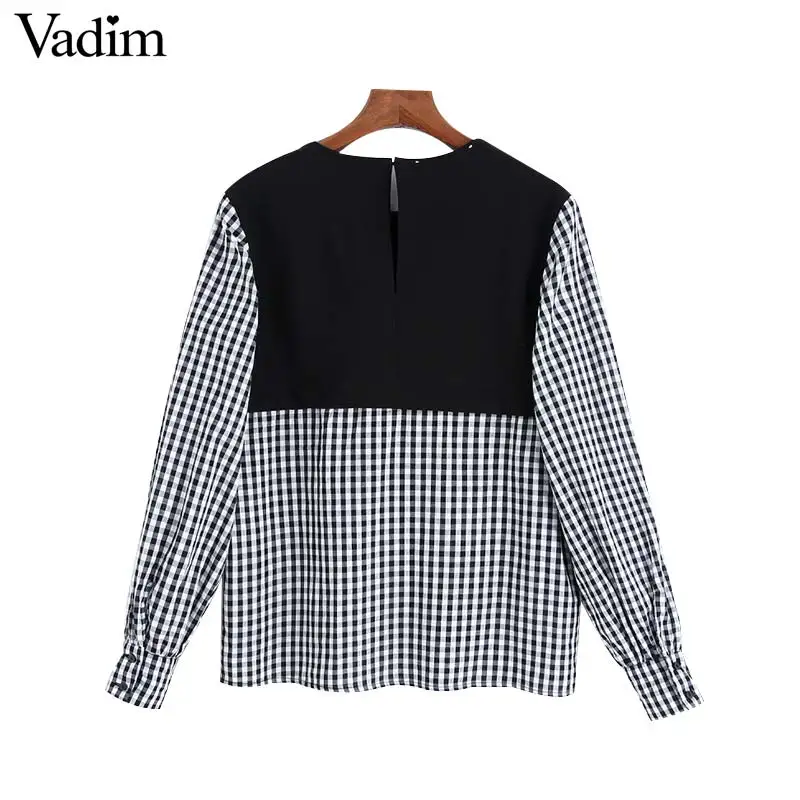 Vadim women fashion plaid patchwork blouse long sleeve O neck shirts female casual stylish tops blusas LB588