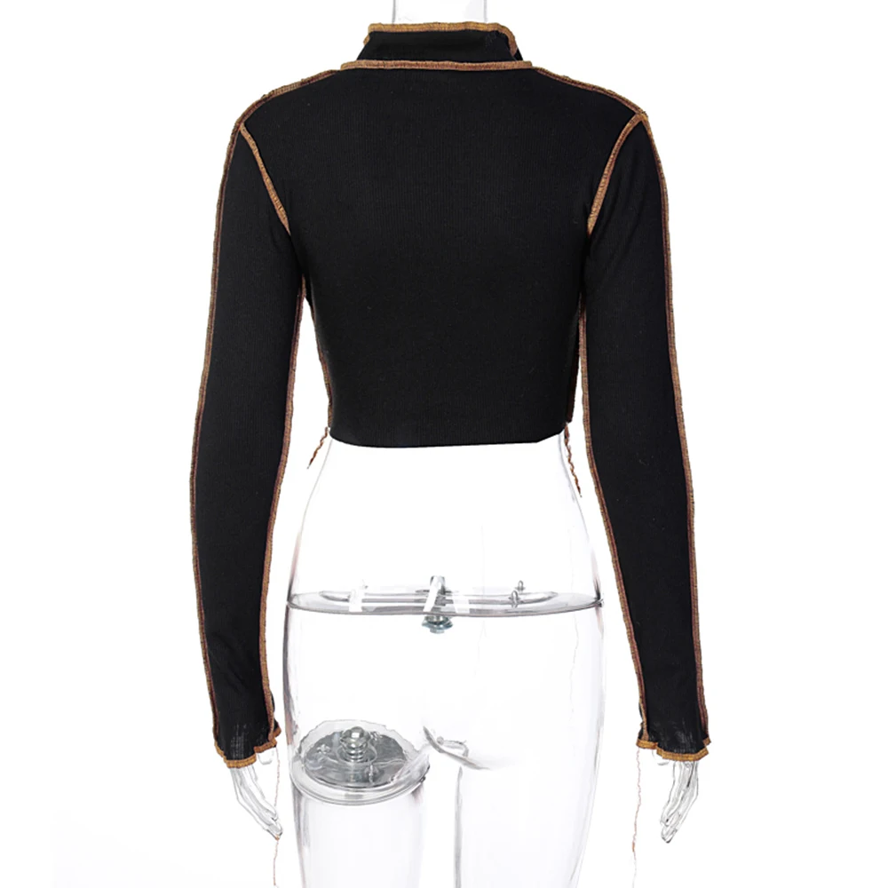 

Missnight Hollow Out Long Sleeve Tees O Neck Bandage Top Drawstring Knitted T Shirt Cropped Shirt Reversed Trimming Streetwear