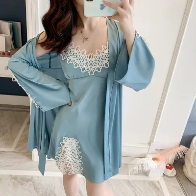 

pring Summer New Women Robe Suit Bride Wedding 2pcs Kimono Bathrobe Gown Sexy Elegant Nightdress Lady Casual Daily Sleep Dress