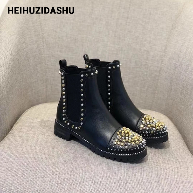 Роскошные блестящие ботинки Челси Женские на массивном каблуке с металлическими