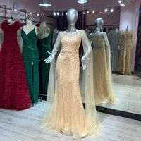 luxury gold crystals long evening dresses mermaid o neck tulle diamond sleeveless formal women gown pageant competition vestidos