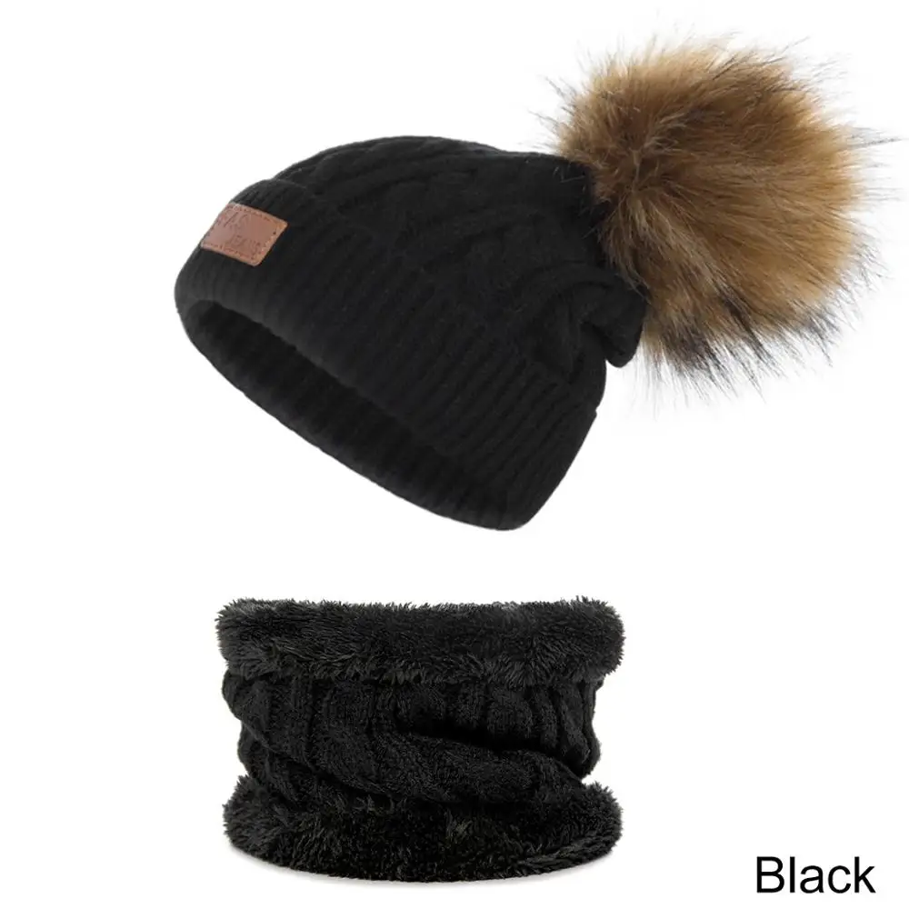 black Evrfelan/Модная брендовая детская шапка и шарф, комплект из 2 предметов, зимняя шапка, шарф для девочек и мальчиков, помпоны, шапочки, набор шарфов, детские подарочные аксессуары - Цвет: black